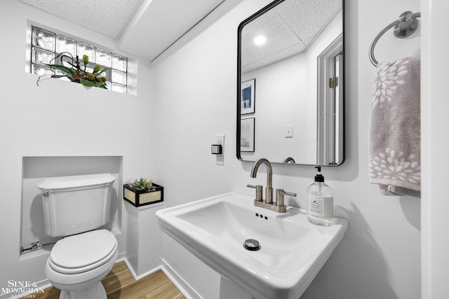 half bathroom featuring toilet, baseboards, a sink, and wood finished floors