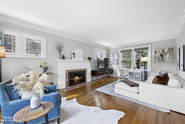 living room with a fireplace with flush hearth, crown molding, and wood finished floors