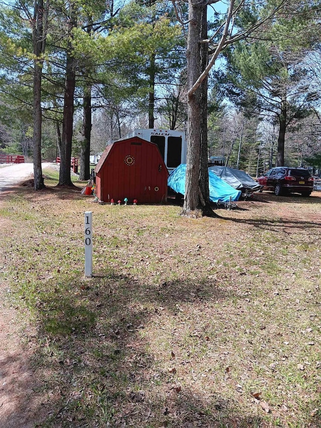 view of yard with an outdoor structure and a storage shed