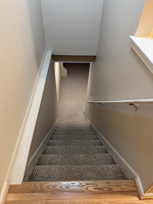 stairway featuring baseboards and carpet flooring