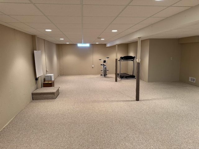 interior space featuring recessed lighting, visible vents, and carpet