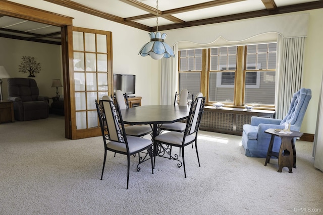 carpeted dining area featuring crown molding, coffered ceiling, and beam ceiling