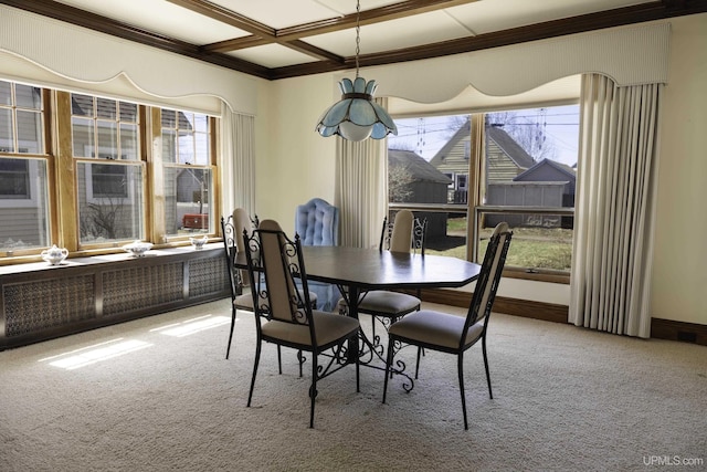 dining area featuring ornamental molding, carpet, and coffered ceiling