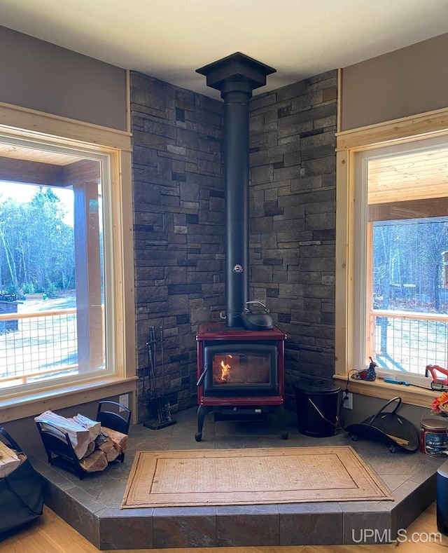 room details featuring a wood stove