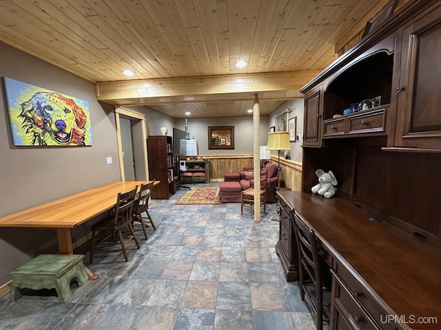 dining area featuring recessed lighting, stone finish flooring, wainscoting, and wood ceiling