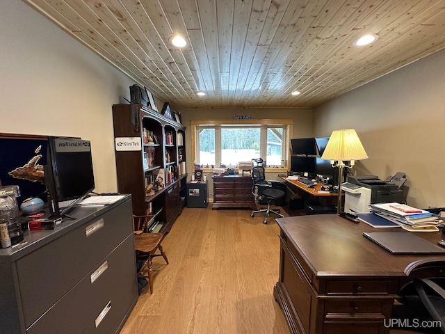 office space with light wood-style floors, wood ceiling, and recessed lighting