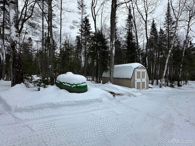 yard covered in snow featuring an outbuilding and a shed