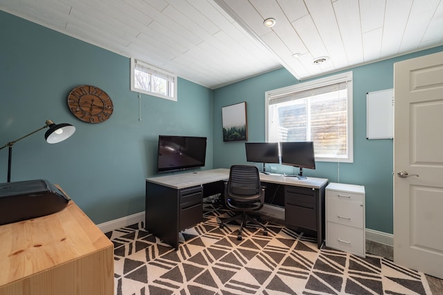 office space featuring wooden ceiling and baseboards