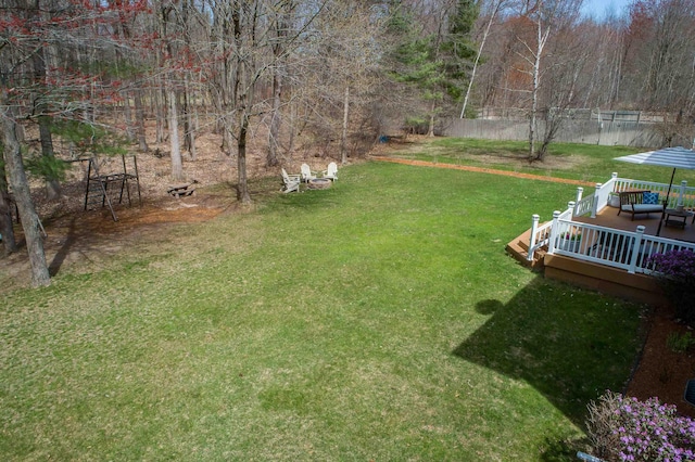 view of yard with fence, outdoor lounge area, and a deck