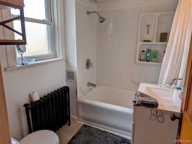 full bathroom featuring vanity, visible vents, toilet, radiator heating unit, and shower / bathing tub combination