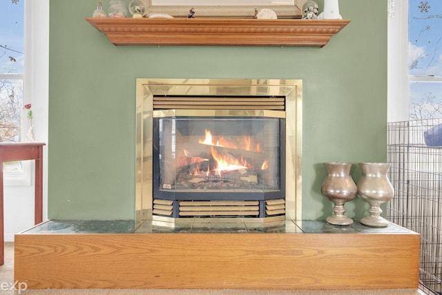 interior details featuring a glass covered fireplace