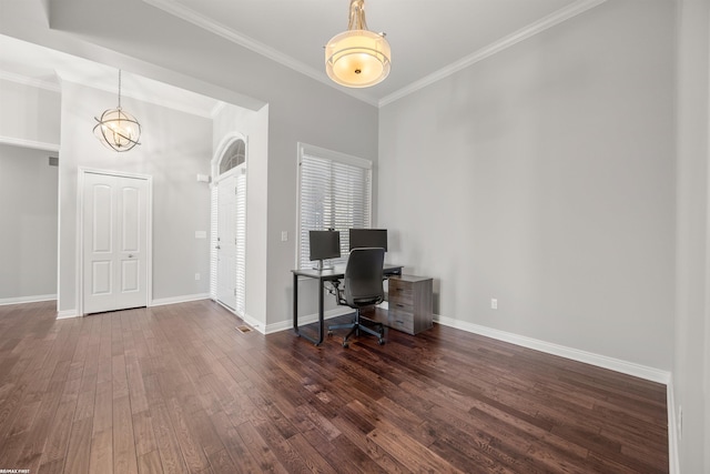 office featuring baseboards, crown molding, wood finished floors, and a chandelier