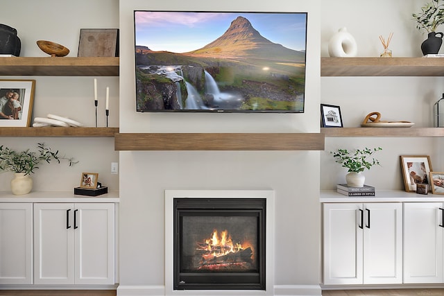 interior details featuring a glass covered fireplace