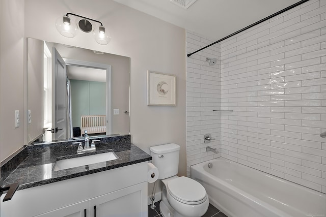 full bathroom featuring shower / bath combination, vanity, toilet, and visible vents