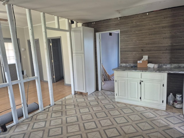 interior space featuring wooden walls and light floors