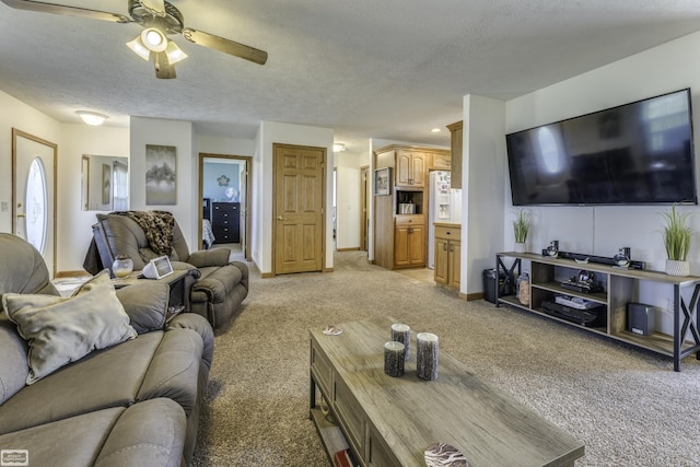 8765 Winn Rd, Brown City, MI 48416 - living area with ceiling fan, light carpet, and a textured ceiling