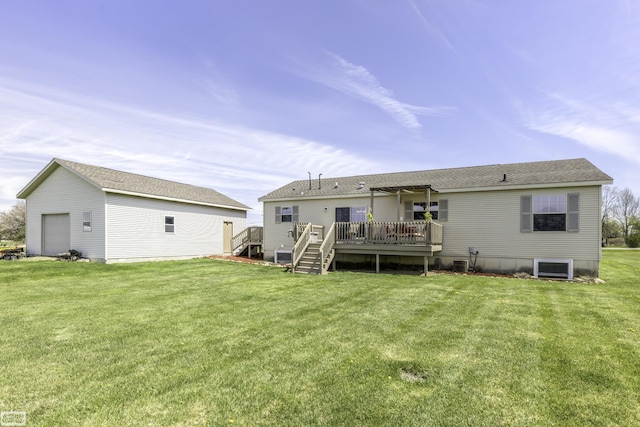 8765 Winn Rd, Brown City, MI 48416 - back of house with a wooden deck, stairway, central AC unit, an outdoor structure, and a yard