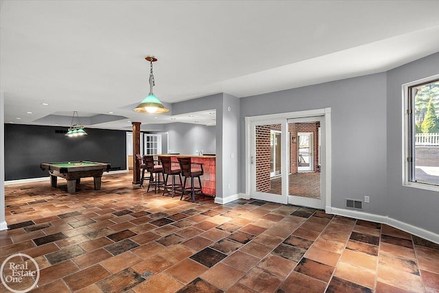 playroom with bar, recessed lighting, pool table, baseboards, and visible vents
