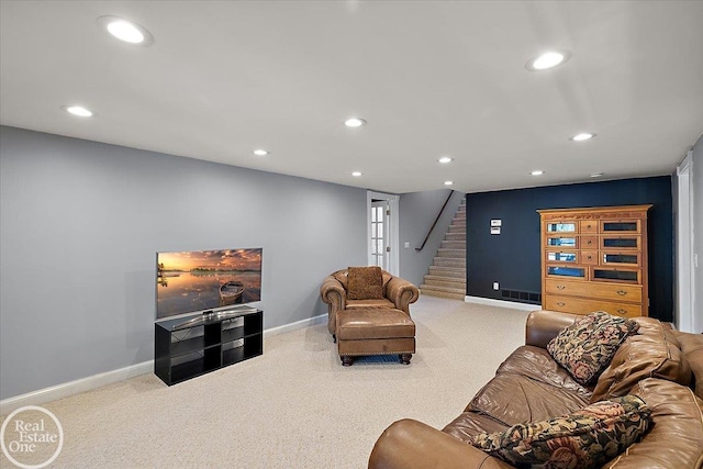 living room featuring stairway, carpet, and recessed lighting
