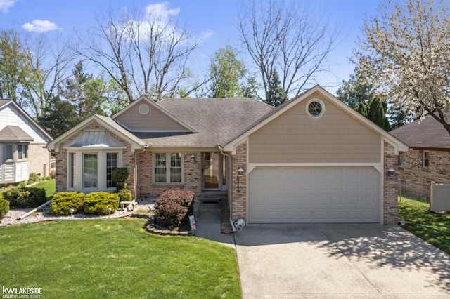view of front facade featuring driveway, roof with shingles, a garage, brick siding, and a front lawn
