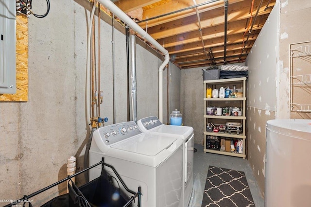 clothes washing area with electric panel, laundry area, and washer and clothes dryer