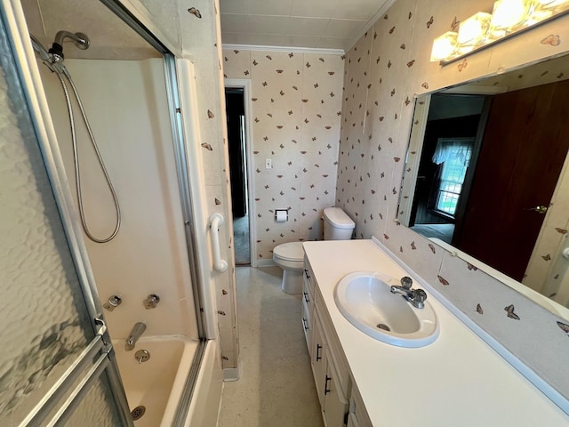 706 W Indiana St, Bay City, MI 48706 - full bathroom featuring vanity, combined bath / shower with glass door, toilet, ornamental molding, and wallpapered walls