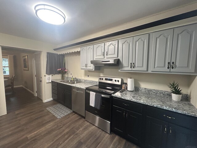 kitchen featuring dark wood-type flooring, under cabinet range hood, dark cabinets, a sink, and stainless steel appliances
