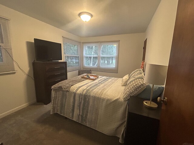 bedroom with baseboards and dark carpet