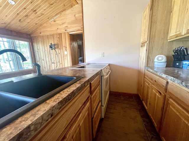 kitchen with a sink, baseboards, lofted ceiling, white electric stove, and wood ceiling