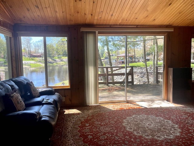 interior space featuring wooden walls, a water view, and wooden ceiling