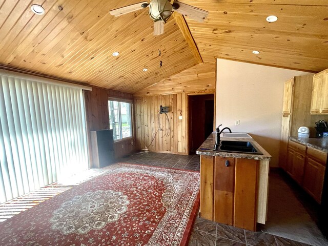1548 Pioneer Rd, Alger, MI 48610 - kitchen with ceiling fan, a sink, wood walls, lofted ceiling, and wood ceiling