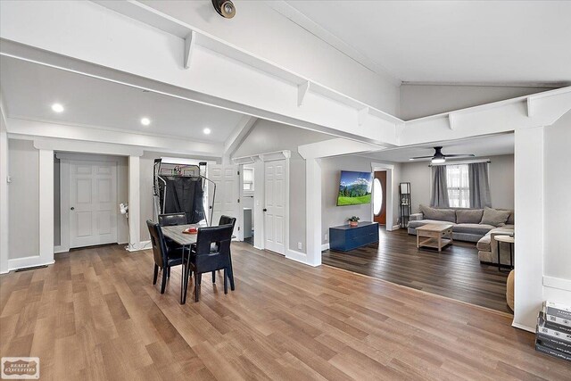 455 Garfield Rd, Fostoria, MI 48435 - dining space featuring a ceiling fan, baseboards, recessed lighting, wood finished floors, and vaulted ceiling