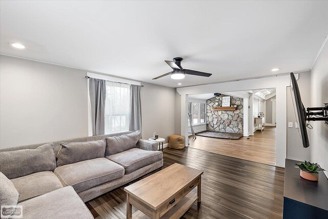 455 Garfield Rd, Fostoria, MI 48435 - living room with a ceiling fan, recessed lighting, and dark wood-style floors
