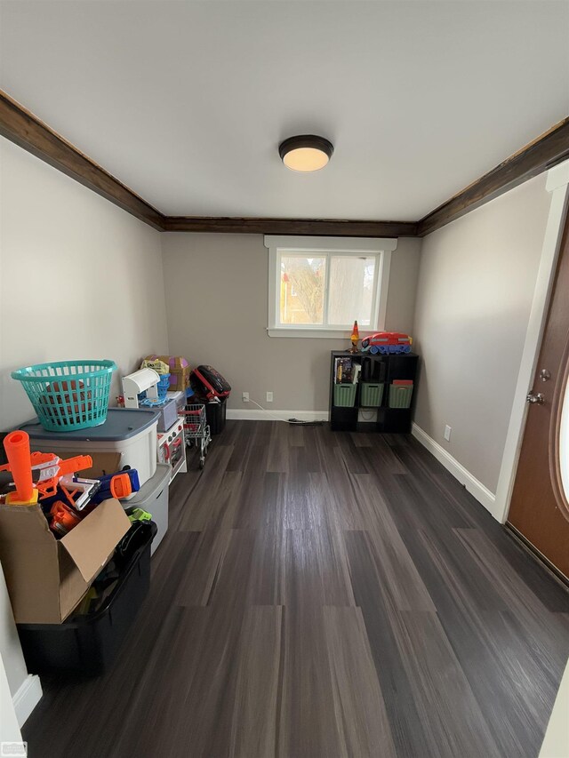 455 Garfield Rd, Fostoria, MI 48435 - recreation room featuring crown molding, baseboards, and dark wood-type flooring