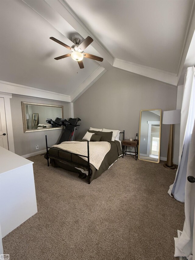455 Garfield Rd, Fostoria, MI 48435 - carpeted bedroom with baseboards, vaulted ceiling with beams, and ceiling fan