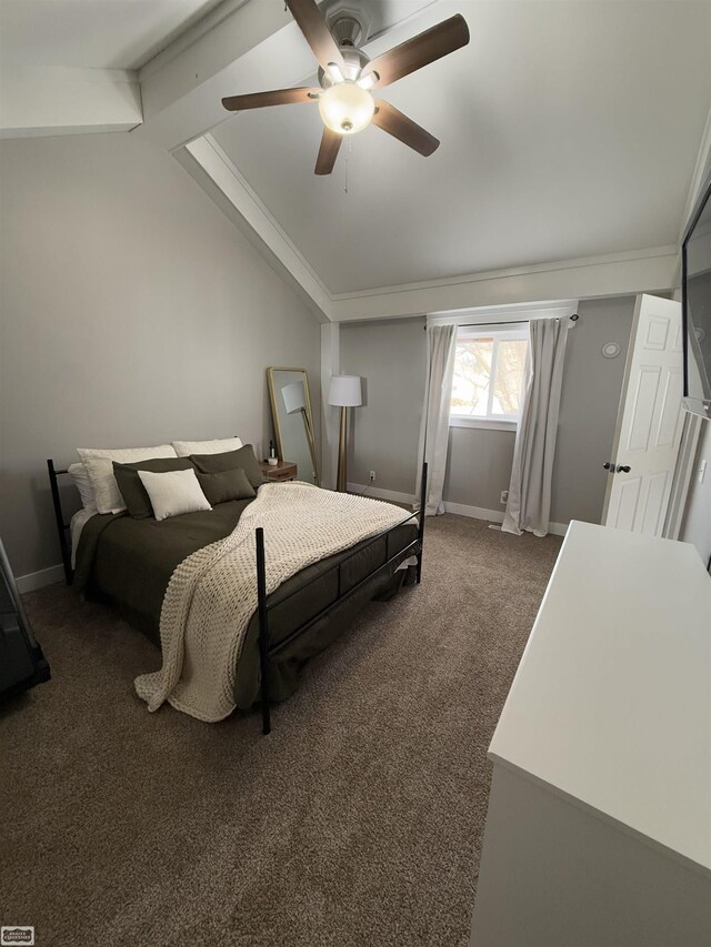 455 Garfield Rd, Fostoria, MI 48435 - bedroom with baseboards, a ceiling fan, dark colored carpet, and lofted ceiling