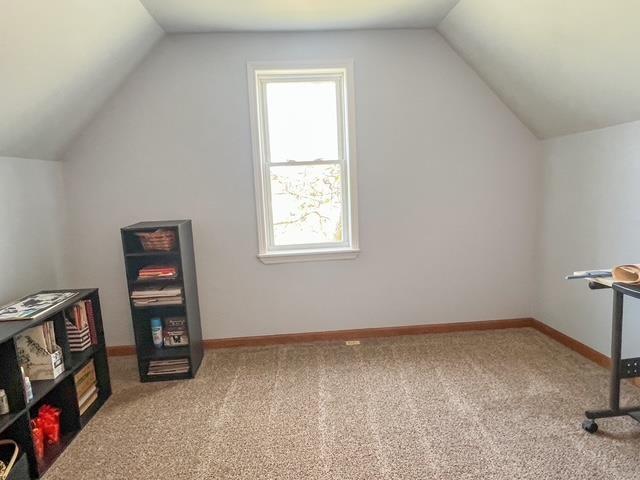 bonus room with plenty of natural light, carpet flooring, and lofted ceiling