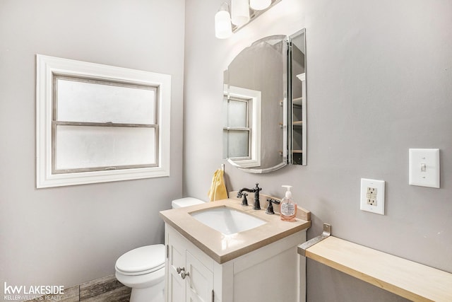 bathroom with vanity, toilet, and wood finished floors