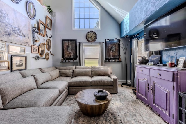 living area featuring high vaulted ceiling, light carpet, and a baseboard radiator