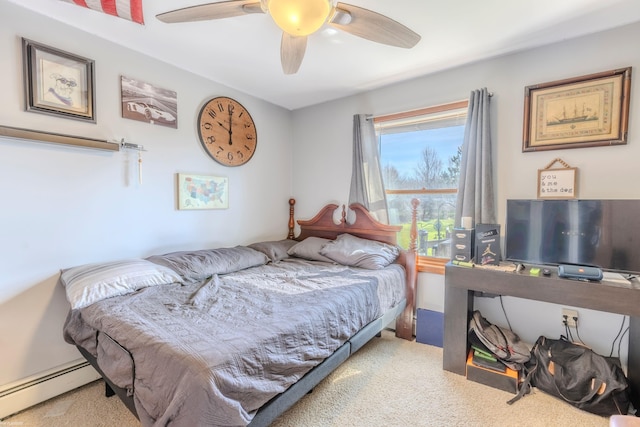 carpeted bedroom with ceiling fan and a baseboard heating unit