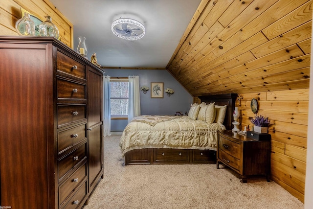 bedroom featuring light colored carpet, wood walls, lofted ceiling, and baseboard heating