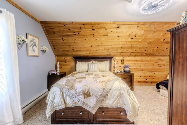 bedroom featuring a baseboard radiator, wooden walls, lofted ceiling, and carpet flooring