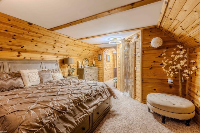 bedroom with carpet floors, lofted ceiling, and wooden walls