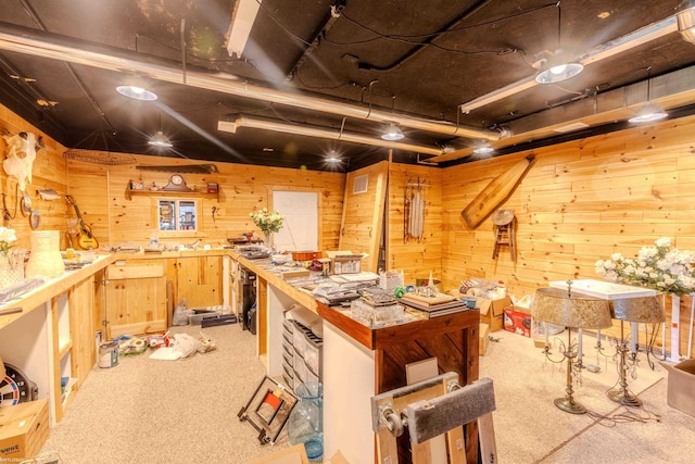 below grade area with a workshop area, wood walls, and light colored carpet
