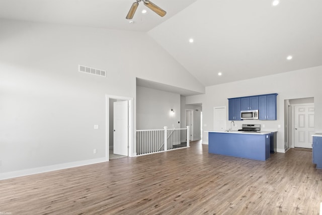 unfurnished living room featuring a ceiling fan, visible vents, light wood-type flooring, a sink, and high vaulted ceiling