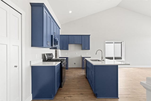 kitchen with light wood-style floors, a sink, blue cabinets, and stainless steel appliances