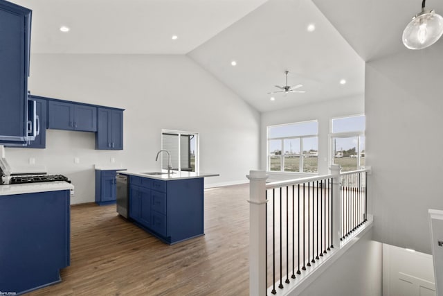 kitchen featuring appliances with stainless steel finishes, blue cabinets, a sink, and ceiling fan