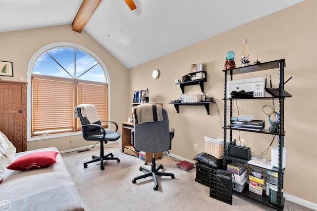 carpeted home office with baseboards, lofted ceiling with beams, and ceiling fan
