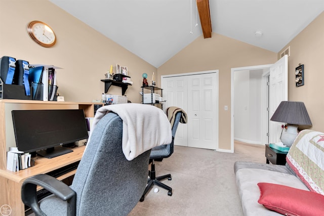 home office with baseboards, lofted ceiling with beams, carpet flooring, and visible vents