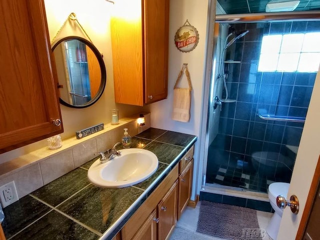 bathroom featuring vanity, toilet, and a stall shower